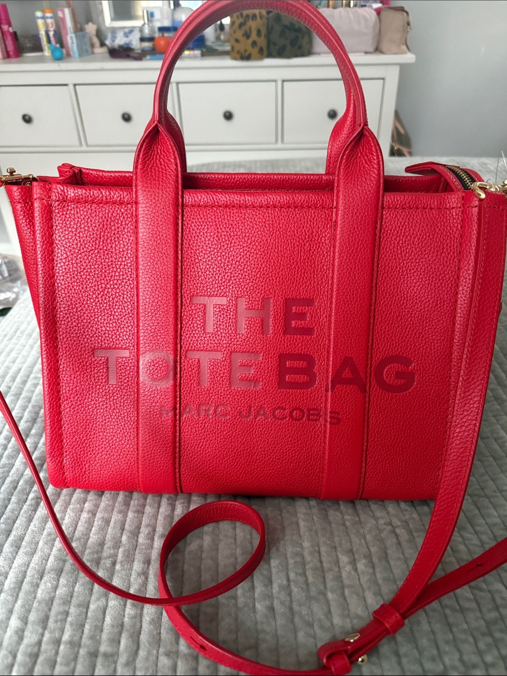 Marc Jacobs Red Pebbled Leather The Tote Bag with Shoulder Strap